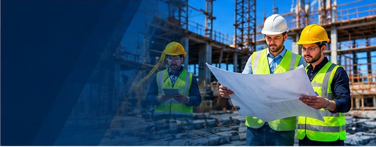 Engineers reviewing construction drawings on site