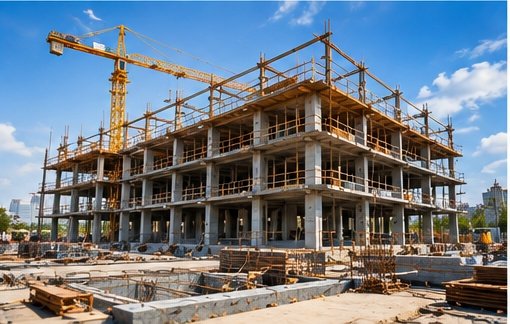 Multi-storey RCC frame under construction with a tower crane