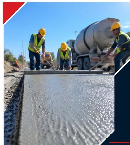 Workers finishing a freshly poured concrete road slab with a ready-mix truck behind them